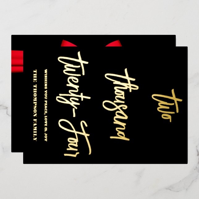 Cheers to 2024, red ribbon foil holiday card (Front/Back)