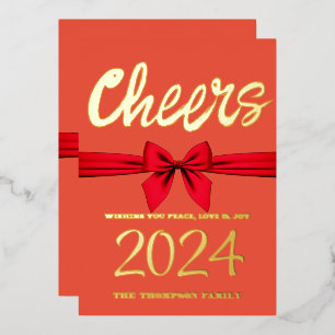 Cheers to 2024, red ribbon,red foil holiday card