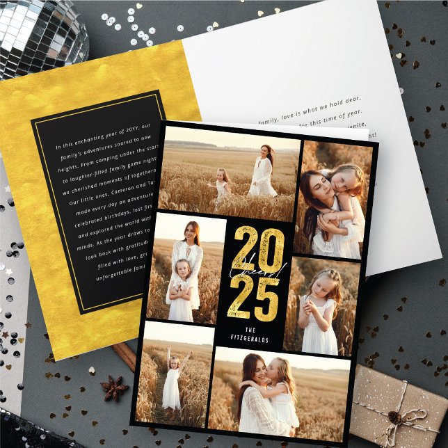 Cheers To 2025 Gold Typography New Year 6 Photo Holiday Card (Cheers To 2025 Black & Gold Typography New Year 6 Photo Holiday Card @ fat_fa_tin)