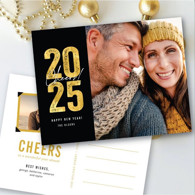 Cheers To 2025 Gold Typography New Year Photo Holiday Postcard (Cheers To 2025 Gold Typography New Year Photo Holiday Postcard @ fat_fa_tin)