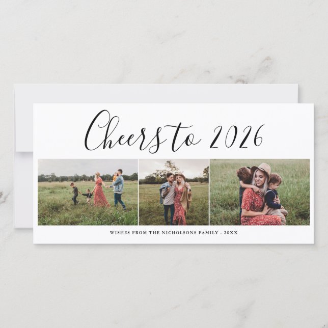 Cheers To 2026 Script Three Photo Collage Modern Holiday Card (Front)