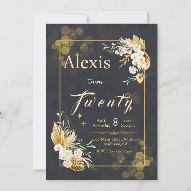 Cheers to 20 Years!: Elegant Black floral  Invitation (Front)