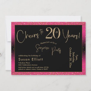 Cheers to 20 Years Surprise Birthday, Deep Pink Invitation