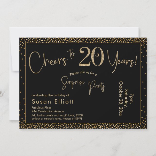Cheers to 20 Years Surprise Birthday Gold & Black Invitation (Front)