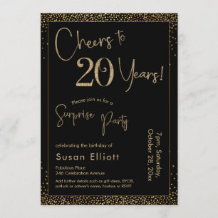 Cheers to 20 Years Surprise Birthday Party Black Invitation