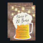 Cheers to 21 Years 21st Birthday Invitation<br><div class="desc">Cheers to 21 years birthday invitation featuring a beer mug set on a rustic wood background with hanging mason jar lights</div>