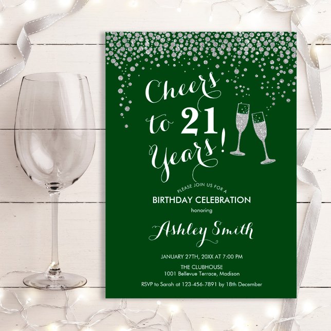  Cheers To 21 Years Birthday Forest Green Silver Invitation (Creator Uploaded)