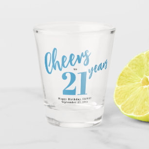 Cheers to 21 years chic blue script 21st birthday shot glass