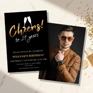 Cheers to 21 Years Gold Black Adult Birthday Photo Invitation