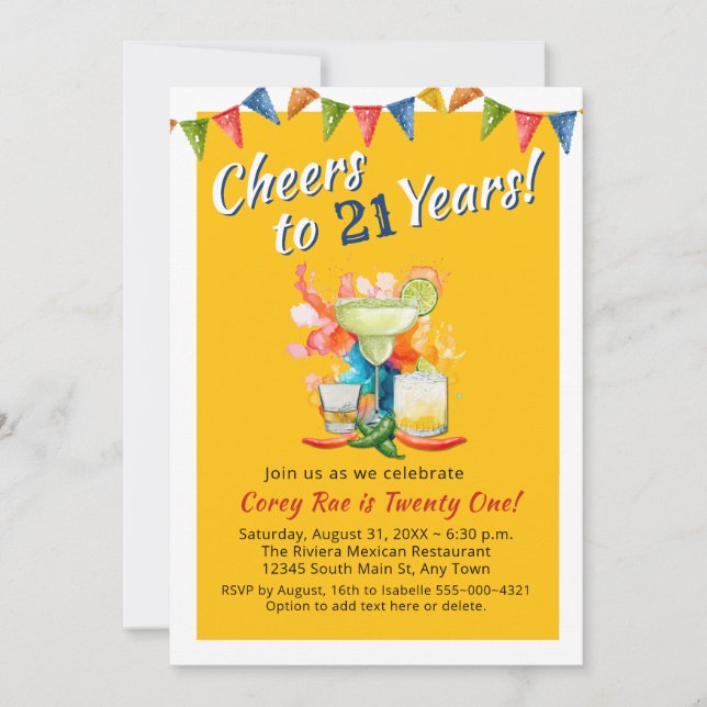 Cheers to 21 Years Modern 21st Birthday  Fiesta Invitation (Front)