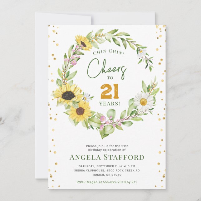 Cheers to 21 Years Modern Bright Sunflower Girls Invitation (Front)