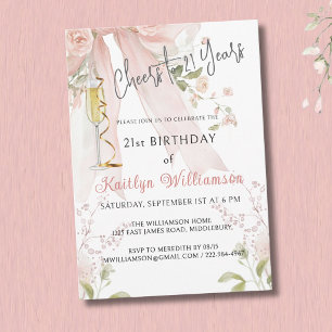 Cheers to 21 Years Pink Bow Floral Invitation