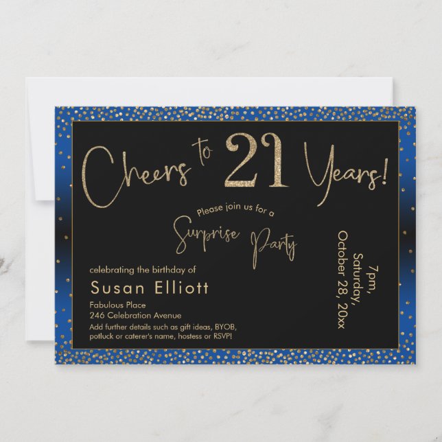 Cheers to 21 Years Surprise Birthday Gold & Blue Invitation (Front)