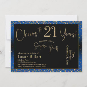 Cheers to 21 Years Surprise Birthday Gold & Blue Invitation