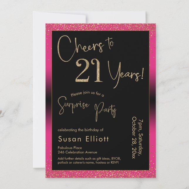 Cheers to 21 Years Surprise Birthday Party, Pink Invitation (Front)