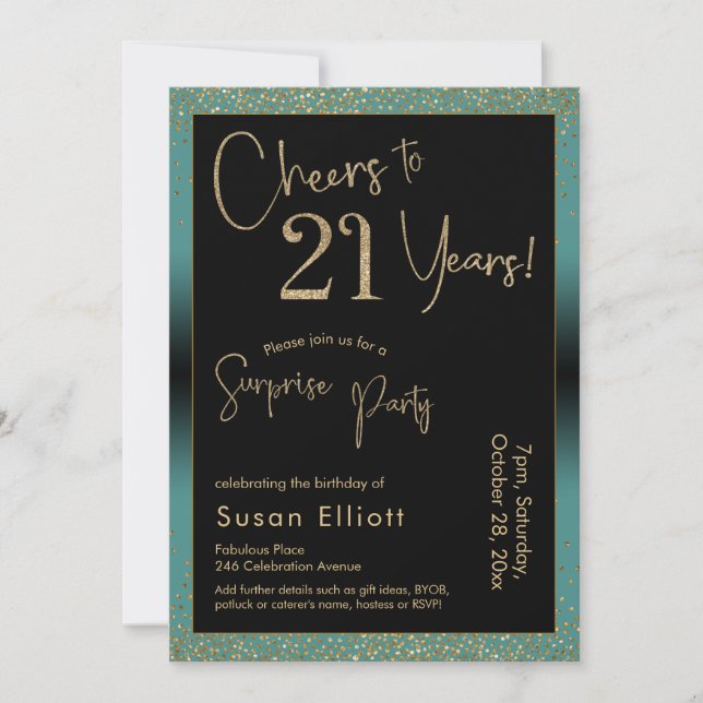 Cheers to 21 Years Surprise Birthday Party, Teal Invitation (Front)