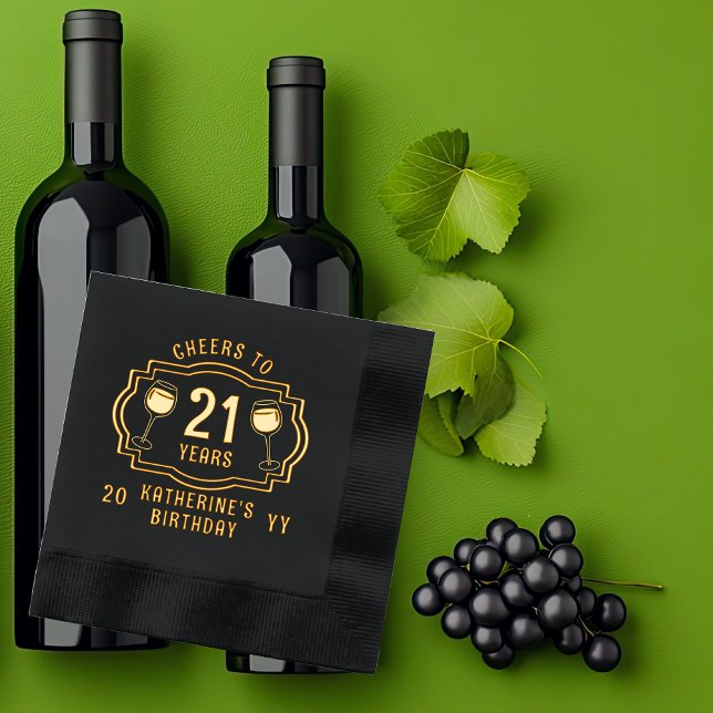 Cheers to 21 Years Wine Glasses Birthday Name Foil Napkins ("Cheers to 21 Years" wine Glasses 21st Birthday with Name and Year Stamped Foil Napkins)