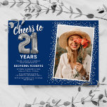 Cheers to 21st Birthday Photo Invitation<br><div class="desc">Elegant twenty-first birthday party invitation featuring a trendy blue background that can be changed to any colour,  a photo of the birthday girl / boy,  silver sparkly glitter,  twenty one silver hellium balloons,  and a modern 21st birthday celebration text template that is easy to personalise.</div>