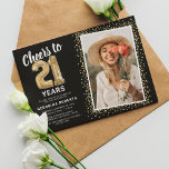 Cheers to 21st Birthday Photo Invitation<br><div class="desc">Elegant twenty-first birthday party invitation featuring a stylish black background that can be changed to any colour,  a photo of the birthday girl / boy,  gold sparkly glitter,  twenty one gold hellium balloons,  and a modern 21st birthday celebration text template that is easy to personalise.</div>
