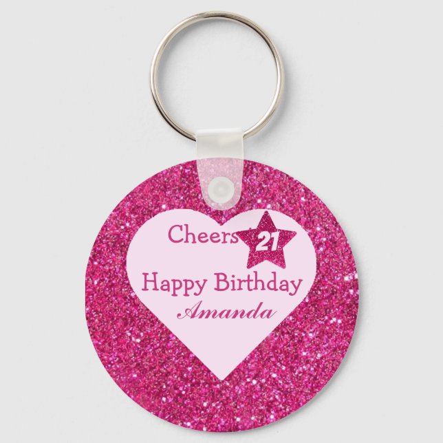 Cheers to 21st Birthday Pink Glitter Heart Favours Key Ring (Front)