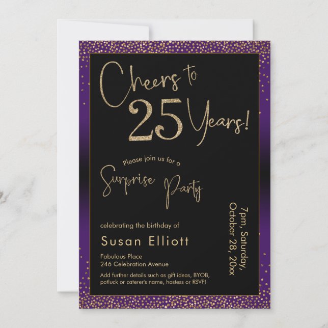 Cheers to 25 Years Surprise Birthday Party, Purple Invitation (Front)