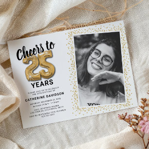 Cheers to 25 Years White Gold Adult Photo Birthday Invitation