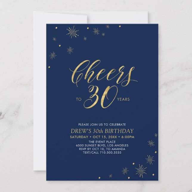 Cheers to 30 | Gold & Navy 30th Birthday Party Invitation (Front)