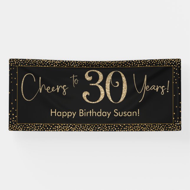 Cheers to 30 Years Birthday Black w/ Gold Confetti Banner (Horizontal)