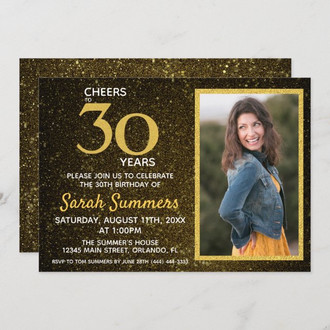 Cheers to 30 Years Black Gold 30th Birthday Invitation (Front/Back)