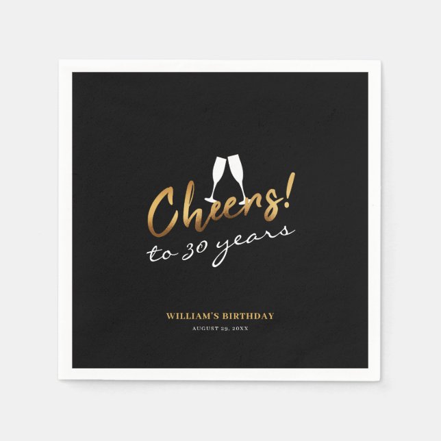 Cheers to 30 Years Gold Black Adult Birthday Photo Napkin (Front)