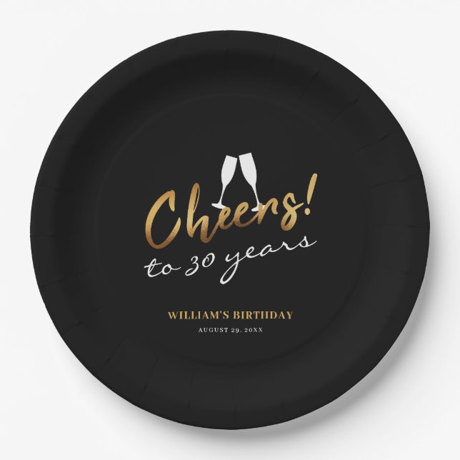 Cheers to 30 Years Gold Black Adult Birthday Photo Paper Plate (Front)