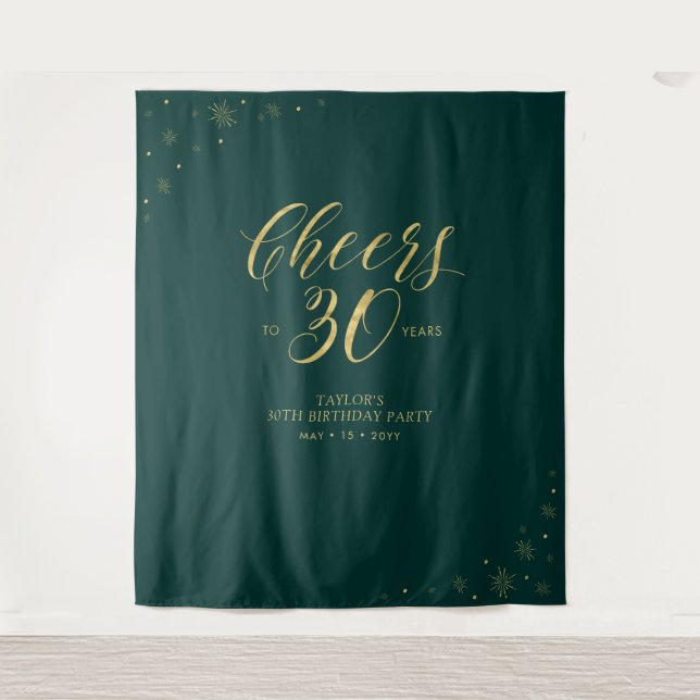 Cheers to 30 years | Gold & Green Birthday Party Tapestry (Front)