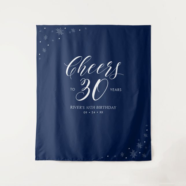 Cheers to 30 years | Navy & White 30th Birthday Tapestry (Front)