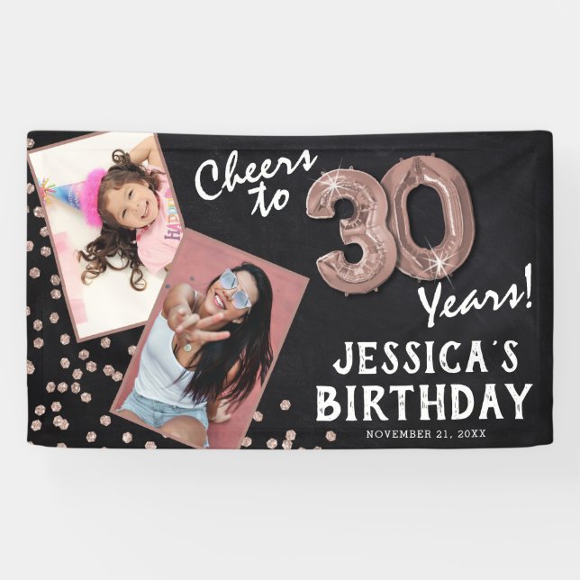 Cheers to 30 Years Rose Gold 2 Photo Birthday Banner (Horizontal)