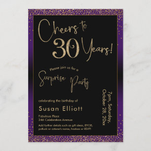 Cheers to 30 Years Surprise Birthday Party, Purple Invitation