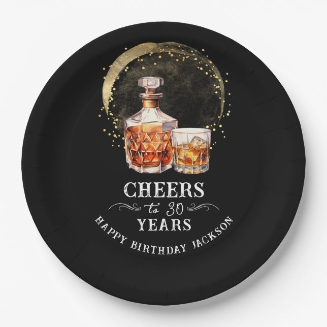Cheers to 30 Years Whiskey Paper Plate (Front)