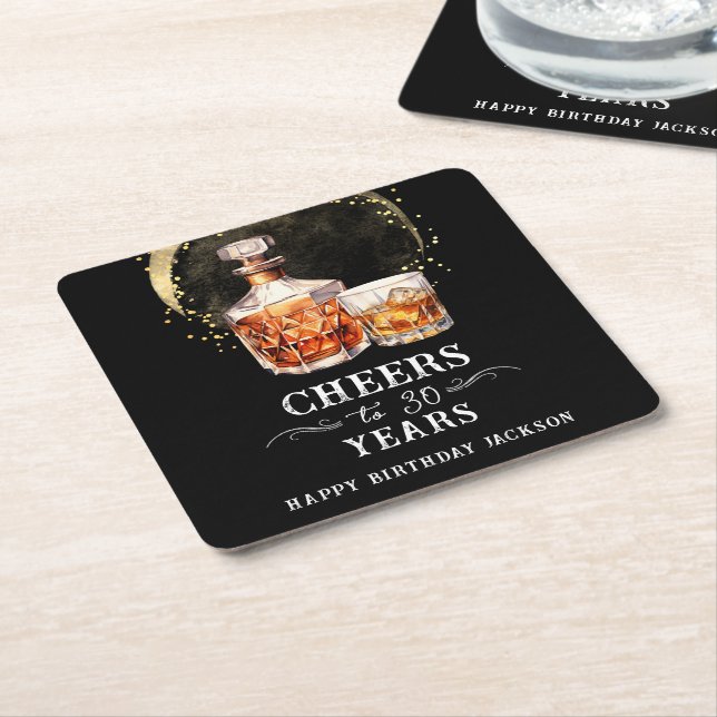 Cheers to 30 Years Whiskey Square Paper Coaster (Angled)