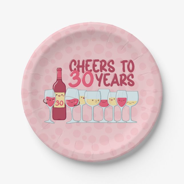 Cheers to 30 years wine themed kawaii style paper plate (Front)