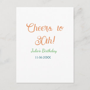 Cheers to 30th birthday name date orange green blu postcard