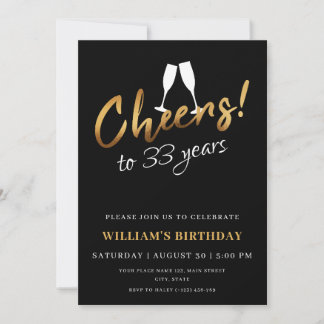 Cheers to 33 Years Gold Black Adult Birthday Photo Invitation