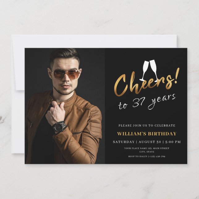 Cheers to 37 Years Gold Black Adult Birthday Photo Invitation (Front)