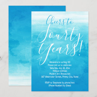 Cheers to 40 Blue Ombre Modern 40th Birthday Party Invitation