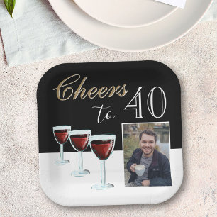 Cheers to 40 Red Wine Glass Photo 40th Birthday Paper Plate