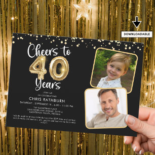 Cheers to 40 Years2 Photos Script Balloon Confetti Invitation