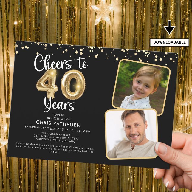 Cheers to 40 Years2 Photos Script Balloon Confetti Invitation (Creator Uploaded)