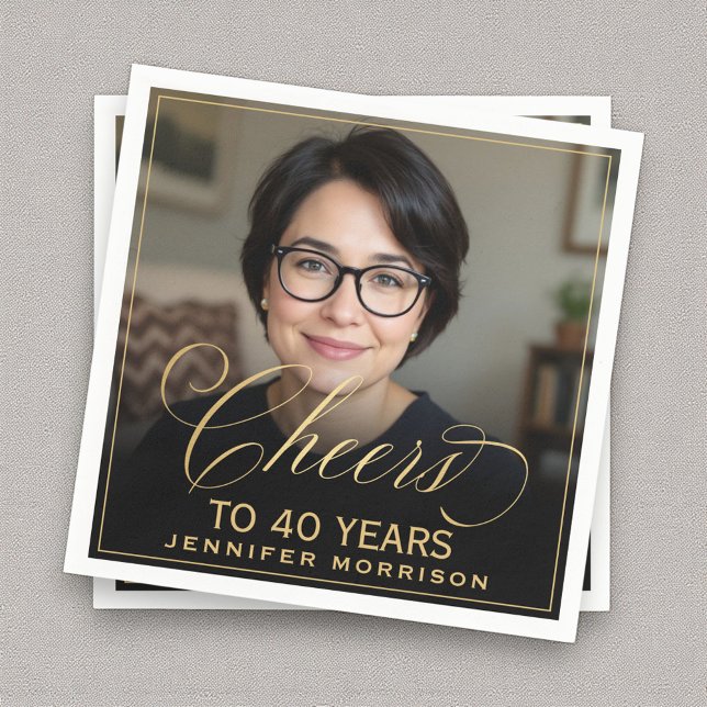 Cheers to 40 Years Birthday Photo Gold Black Napkin (Creator Uploaded)