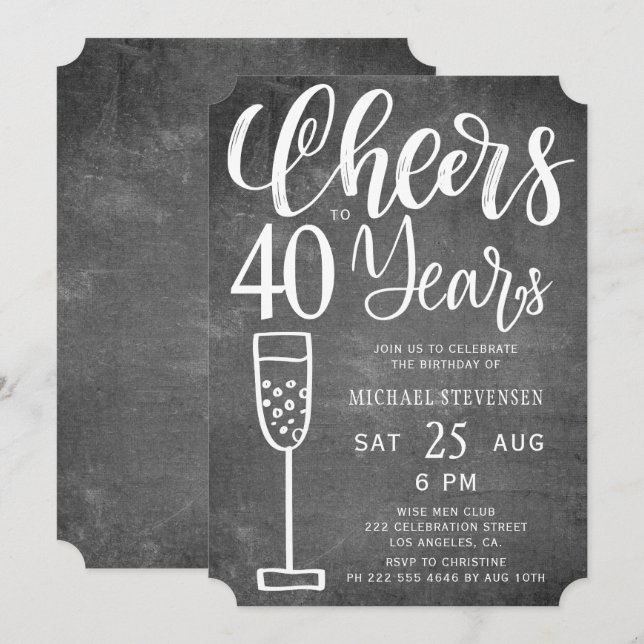 Cheers to 40 years black and white birthday party invitation (Front/Back)
