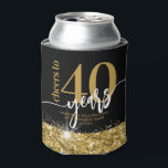 Cheers to 40 Years Gold Glitter Birthday Favour Can Cooler<br><div class="desc">Personalised can cooler insulator party favour with elegant yellow gold glitter pattern on black background and custom year "Cheers to 40 Years!" with editable custom age for any 40th 41st 42nd 43rd 44th 45th 46th 47th 48th or 49th birthday celebration.</div>
