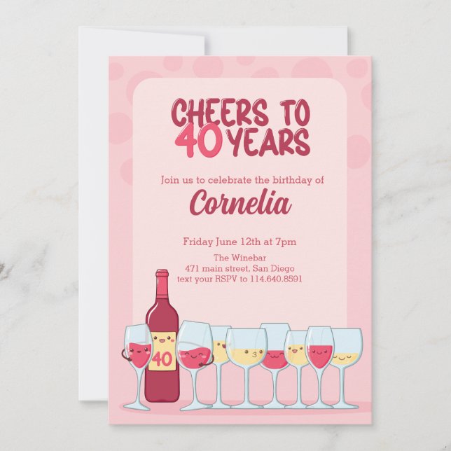 Cheers to 40 years kawaii wine birthday Invitation (Front)