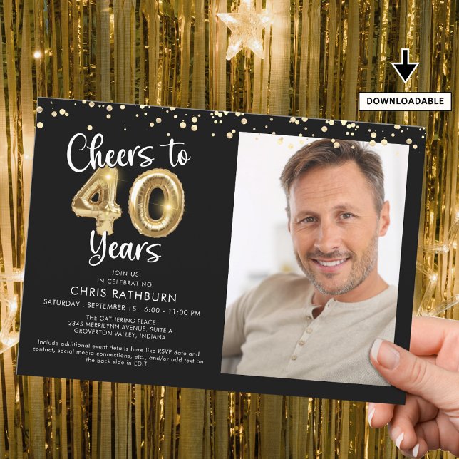Cheers to 40 Years Photo Script Balloon Confetti Invitation (Creator Uploaded)